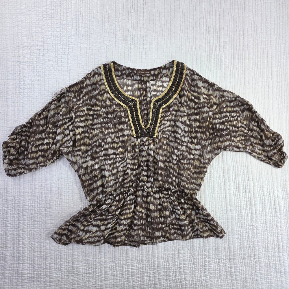 Adrienne Vittadini Brown Ikat Embellished Peplum Blouse EUC Size Large L Boho